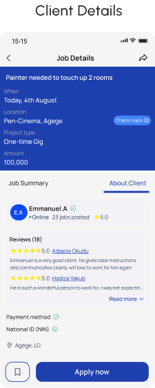 Client Details tab showing client profile, star ratings and identity verification badges